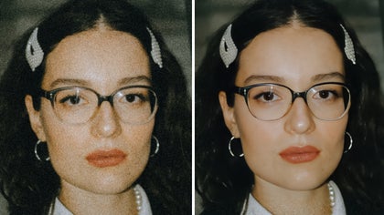 side by side portait of a woman showing before and after denoise
