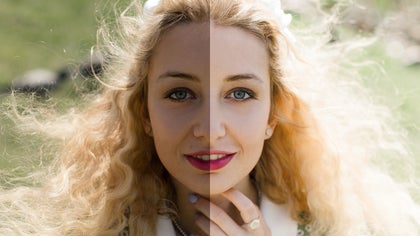 split view of a woman with poor image exposure on left and good image exposure on right