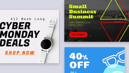 A collection of web banners showcasing Cyber Monday deals, business promotions, and discount offers.