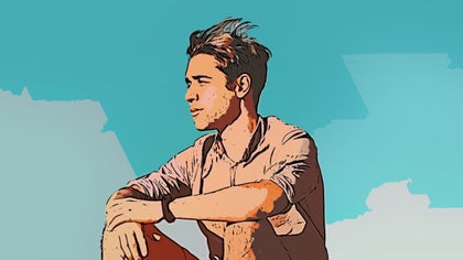 a cartoonized image of a young man sitting, looking into the distance