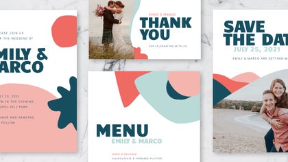 a matching wedding set of invitation, save the date, menu, and thank you templates