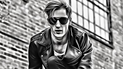 A gritty, black-and-white cartoon-style portrait of a man in sunglasses and a suit, created using Graphic Novel DLX.