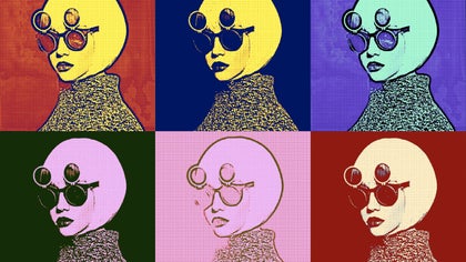 pop art style photo of a woman in six various colored blocks