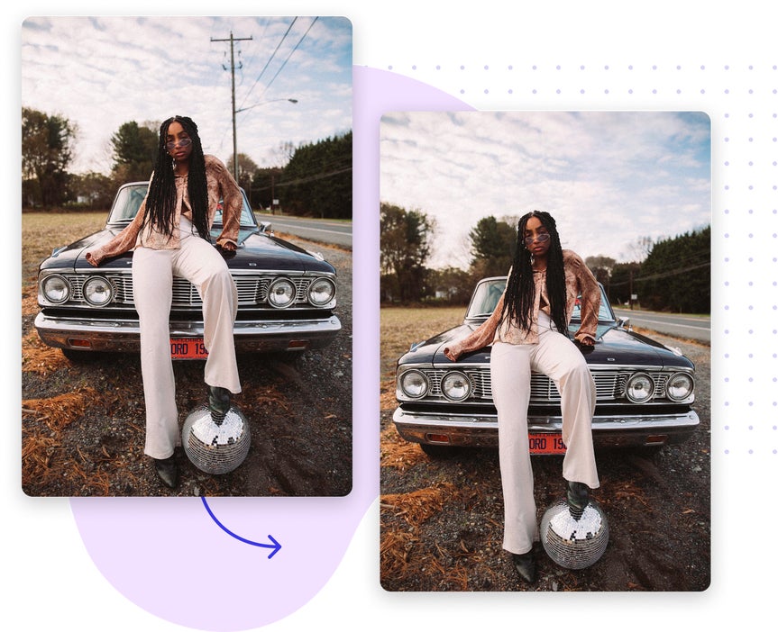 side by side before and after images of a woman sitting on a car hood showing a telephone pole has been removed