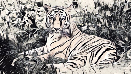 A black-and-white ink-style sketch of a tiger resting in tall grass, created using BeFunky's Inkify sketch tool for a timeless ink art effect.