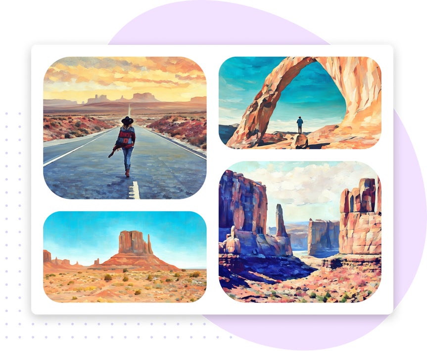 Collage of desert landscapes, including a person on a road, a man under a rock arch, a lone mesa, and towering canyon walls, in vibrant hues.