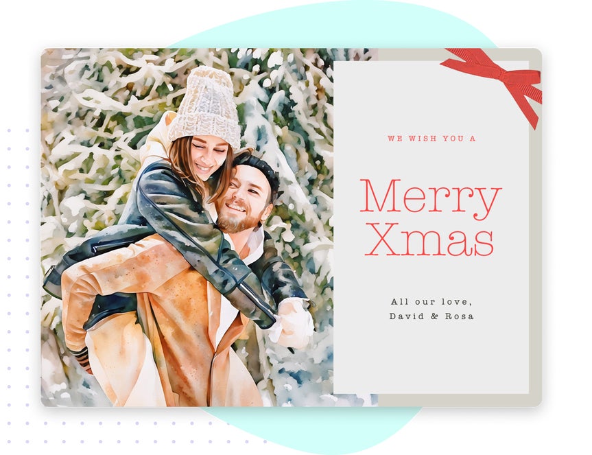 Holiday card with a couple in a snowy scene; the woman is piggybacking on the man, alongside a message that says 'We wish you a Merry Xmas, All our love, David & Rosa,' accented by a red bow.