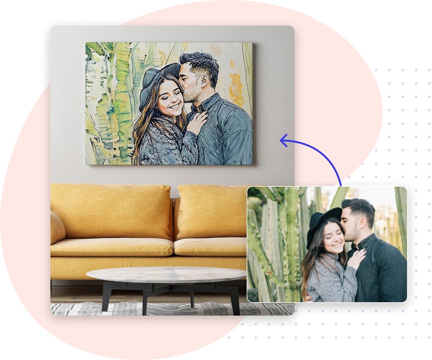 Side-by-side comparison of a couple's photo before and after applying a sketch effect. The edited image is displayed as framed wall art above a yellow sofa, showcasing the use of sketch effects for creating personalized keepsakes and gifts.