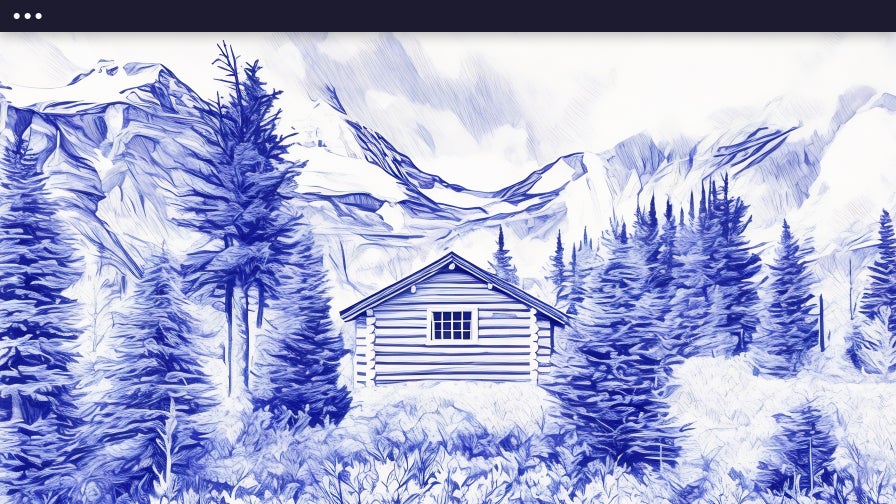 A blue monochrome sketch of a winter landscape featuring snowy mountains, a log cabin, and pine trees, created using a fine-line pen art sketch style.