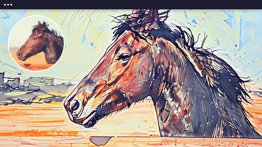 A colored sketch of a horse with a detailed mane against a countryside background, demonstrating an artistic and textured sketch effect.