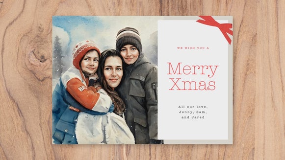 A personalized holiday card with a family photo transformed into a sketch effect, showcasing BeFunky's sketch tools for custom greeting cards.