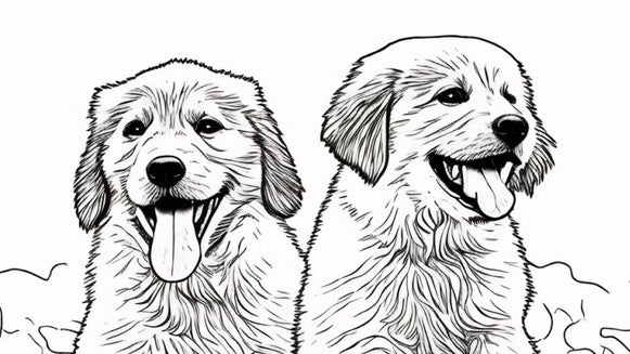 Black-and-white sketch of two happy dogs, showcasing the use of BeFunky's photo-to-sketch converter for creating detailed pet portraits.