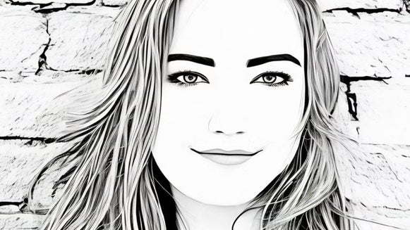 A black-and-white sketch-style portrait of a woman with long hair and striking features, showcasing BeFunky's sketch effects for dramatic portraits.