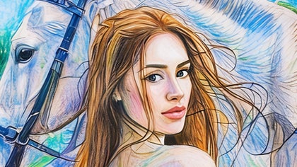 A vibrant crayon-style drawing of a woman with flowing hair against a colorful background, created using BeFunky's Crayon sketch tool for a classic crayon effect.