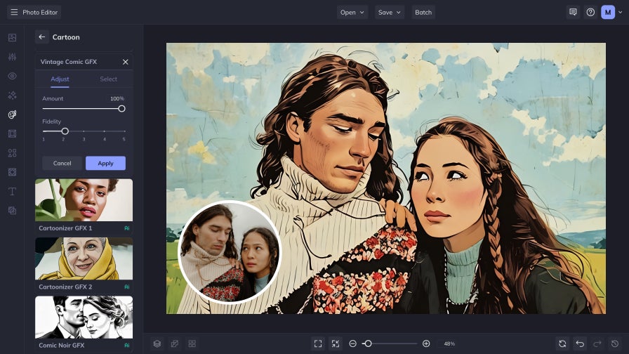 A cartoonized portrait of a couple in vintage attire with the Vintage Comic GFX effect applied