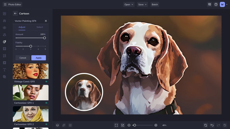 A cartoonized close-up of a dog with floppy ears with Vector Painting GFX applied