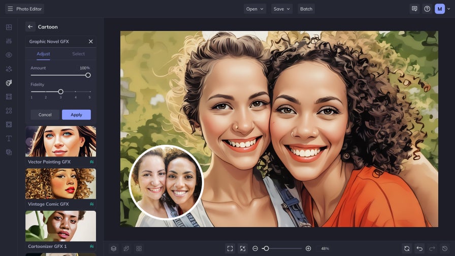 A cartoonized portrait of two smiling women displayed in BeFunky's editor with Graphic Novel GFX applied