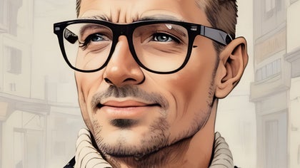 A realistic cartoon-style portrait of a man wearing glasses, created with BeFunky's Graphic Novel GFX effect.