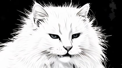 A high-contrast black-and-white cartoon-style image of a white cat, created using BeFunky's Comic Noir effect.