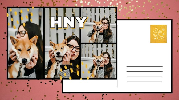 A New Year postcard collage with cartoon-style photos of a woman holding a corgi puppy.