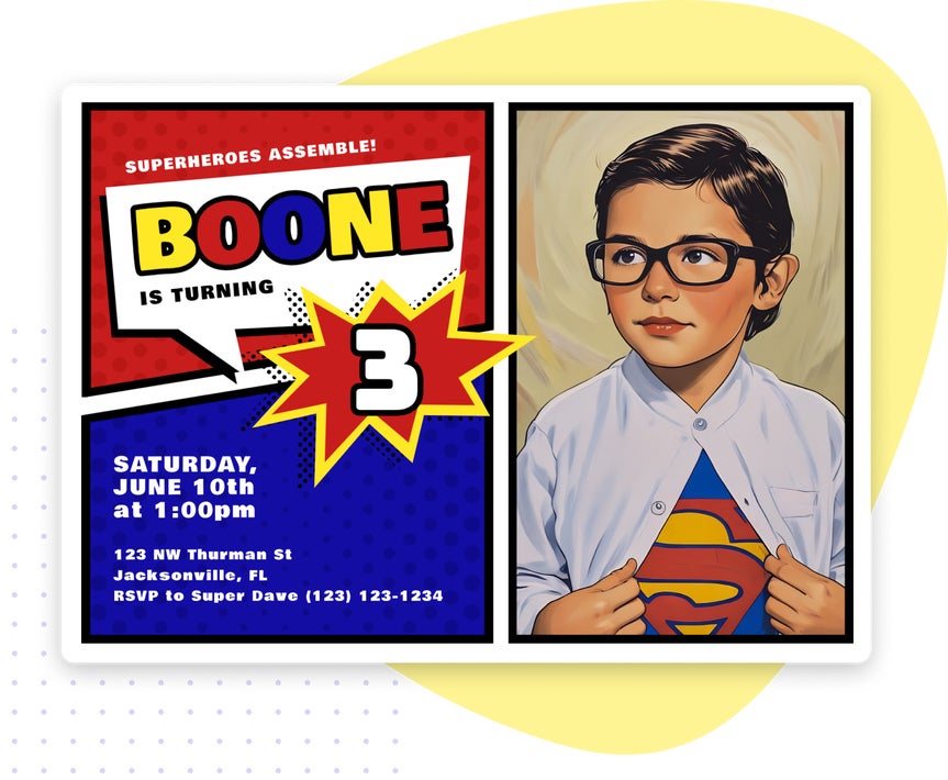 Superhero-themed birthday invite for Boone's 3rd birthday with cartoon portrait and comic book design.