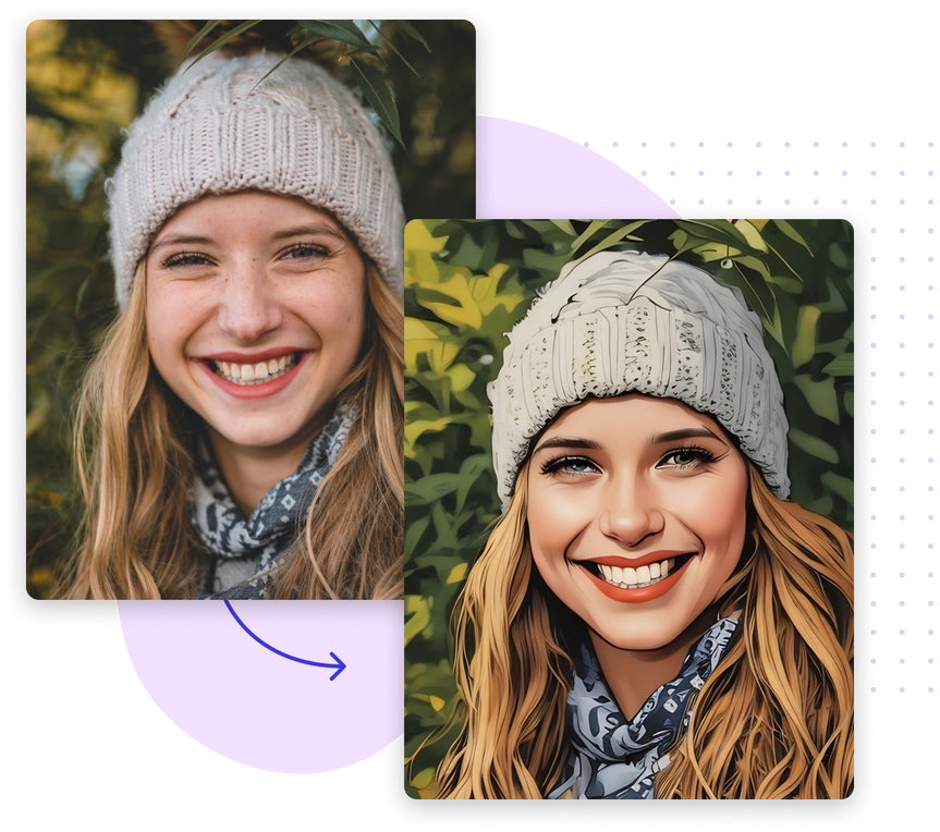 Comparison of a woman in a knit hat, original photo on left and cartoon-style version on right with Cartoonizer.