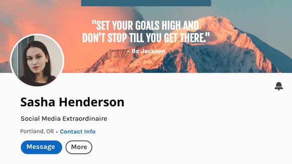 A professional LinkedIn banner featuring a profile for Sasha Henderson with a motivational quote over a mountain background.