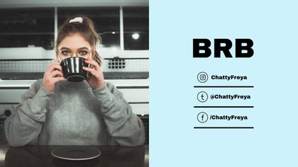 A Twitch banner featuring a person drinking coffee with text and social media handles for branding.