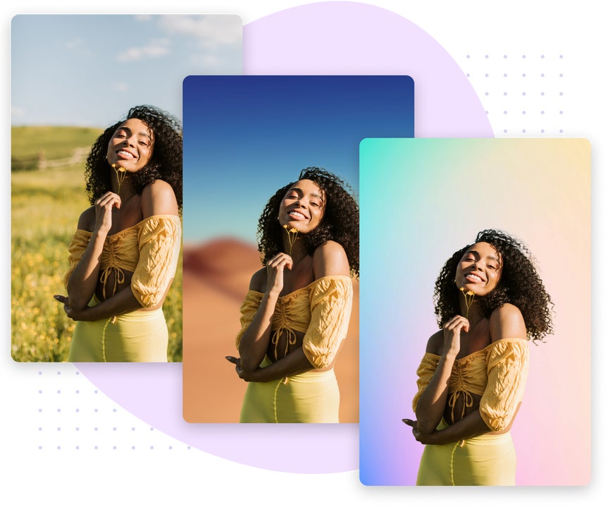 hree versions of a smiling woman outdoors, showing the original image and two variations with different edited backgrounds.