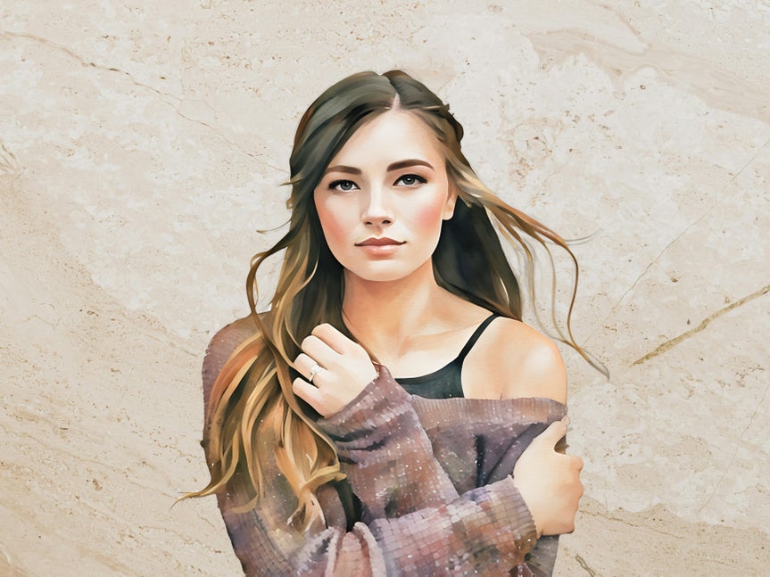 The same young woman with an Artsy effect applied to her, while the background is replaced, showing independent editing of subject and background.