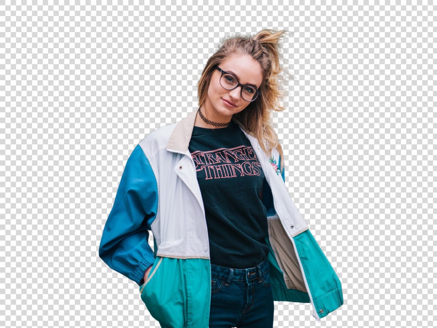 The same young woman with the background removed, leaving a transparent background for easy editing.