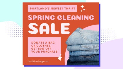 A graphic ad for a spring cleaning sale with a neatly folded stack of clothes and bold text.