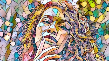 portrait of a woman touching her face with a mosaic effect applied
