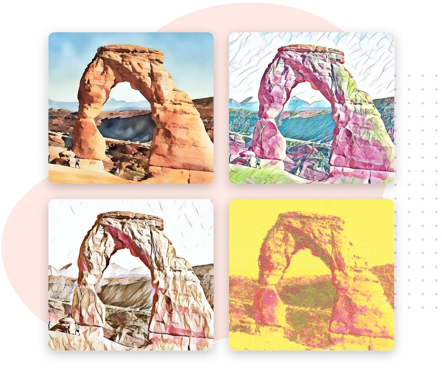 Four images of Arches National Park with four different BeFunky Watercolor Artsy effects applied