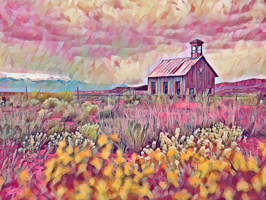 AI watercolor effect applied to photo of building in field
