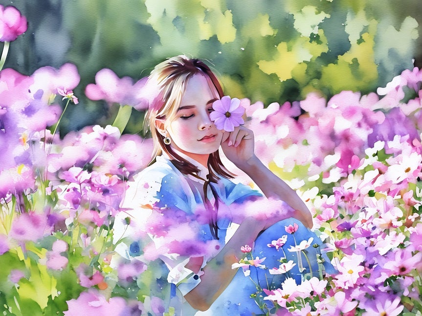 Watercolor GFX applied to photo of woman with flowers