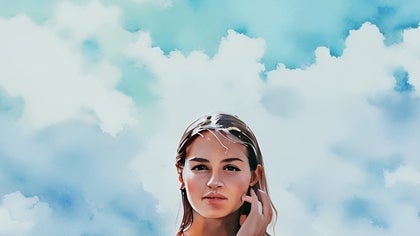 girl touching her face with a sky background and a watercolor effect applied