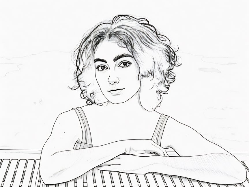 Sketcher GFX effect applied to portrait of woman in pool