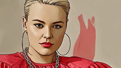 A cartoon-style portrait of a woman in a red outfit, created using BeFunky's Cartoonizer GFX effect.