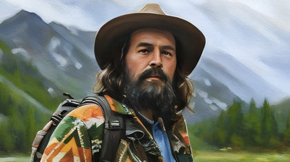 man with a hat standing in front of mountains