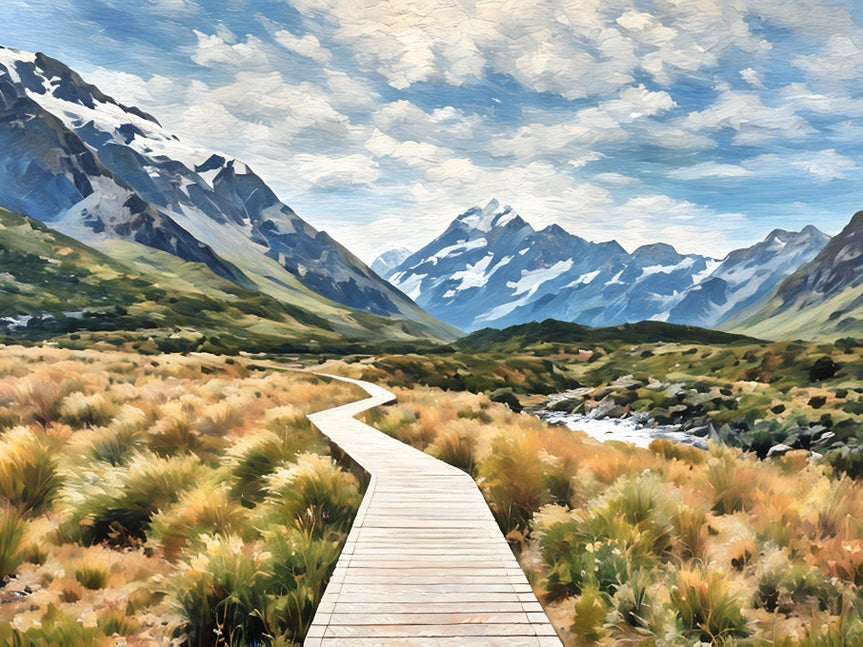 walkway with mountains in the distance with painting effect applied