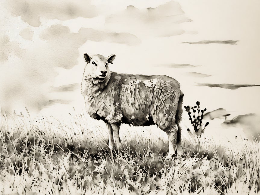 sheep on a hill with sketch effect applied