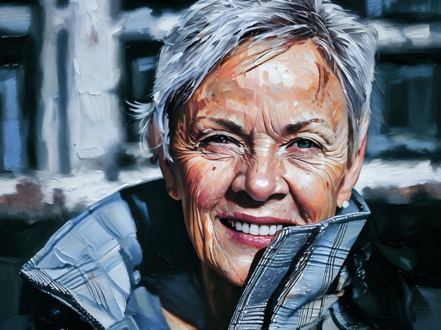 portrait of a woman wearing a jacket and smiling with an oil paint effect