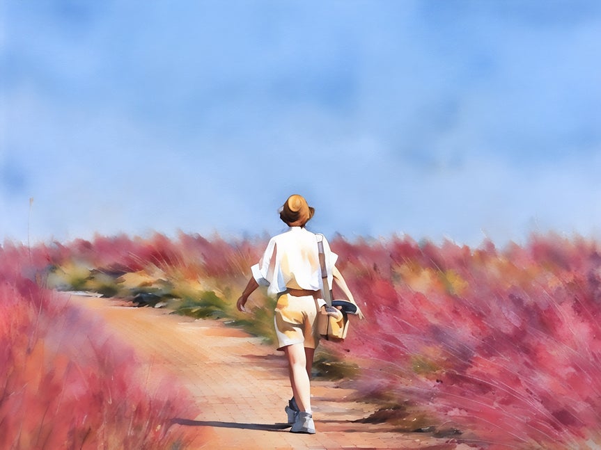 person walking through a field of purple vegetation with watercolor effect