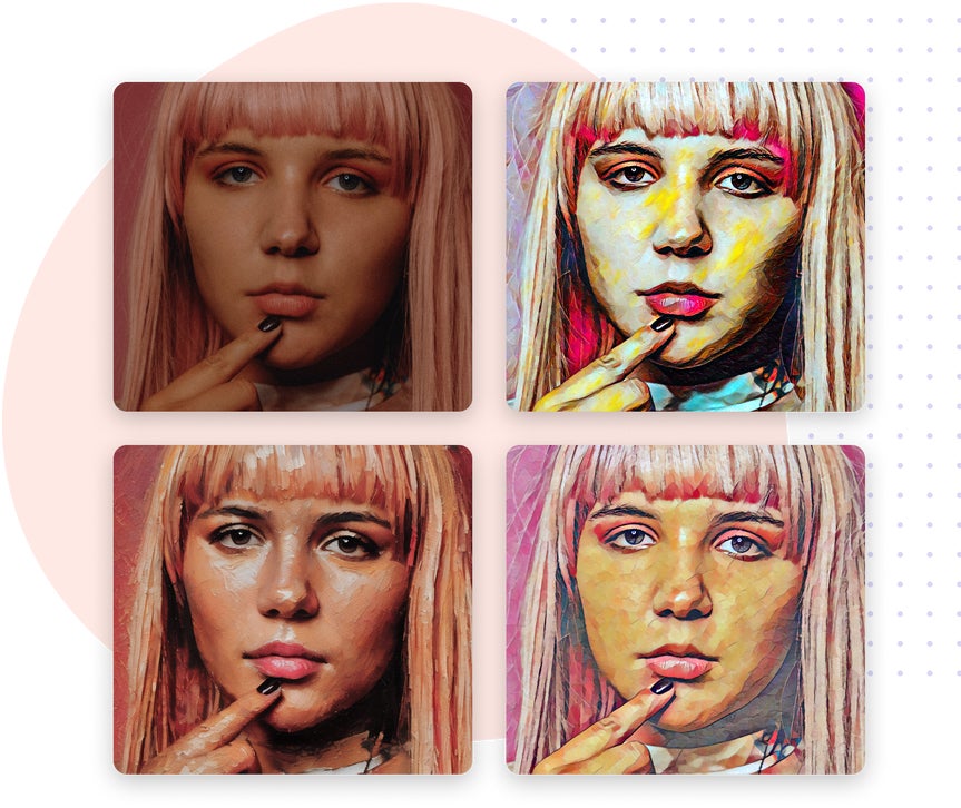 original portrait of a woman and three versions with different artsy effects applied