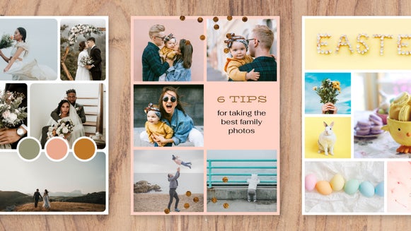 three pinterest collage layout examples with pastel colorway