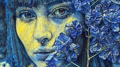 an impressionist style effect applied to a close up image of a woman's face partially obscured by a branch 