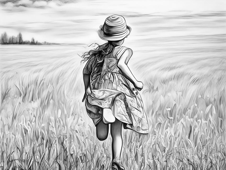 little girl running through field with charcoal applied