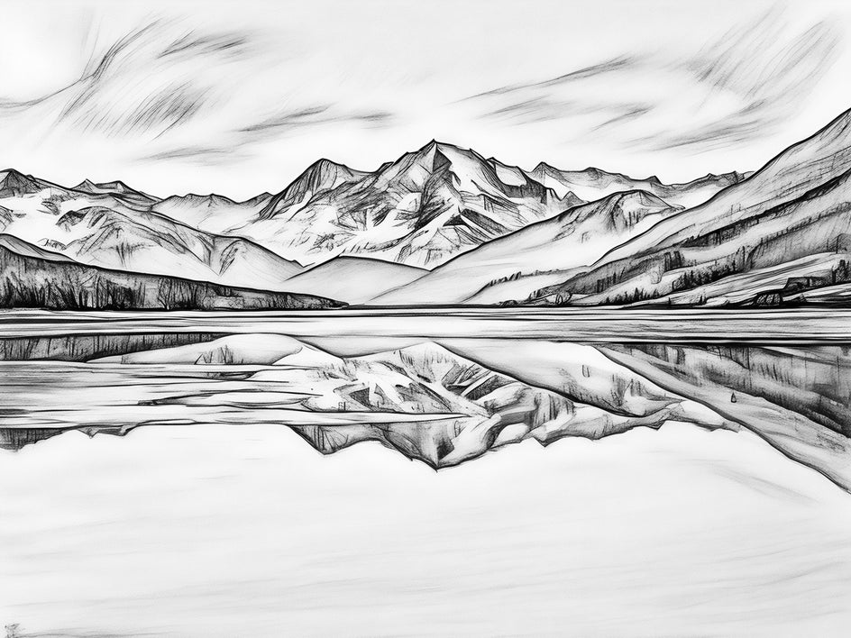 blue water and mountain landscape at dawn with charcoal effect applied