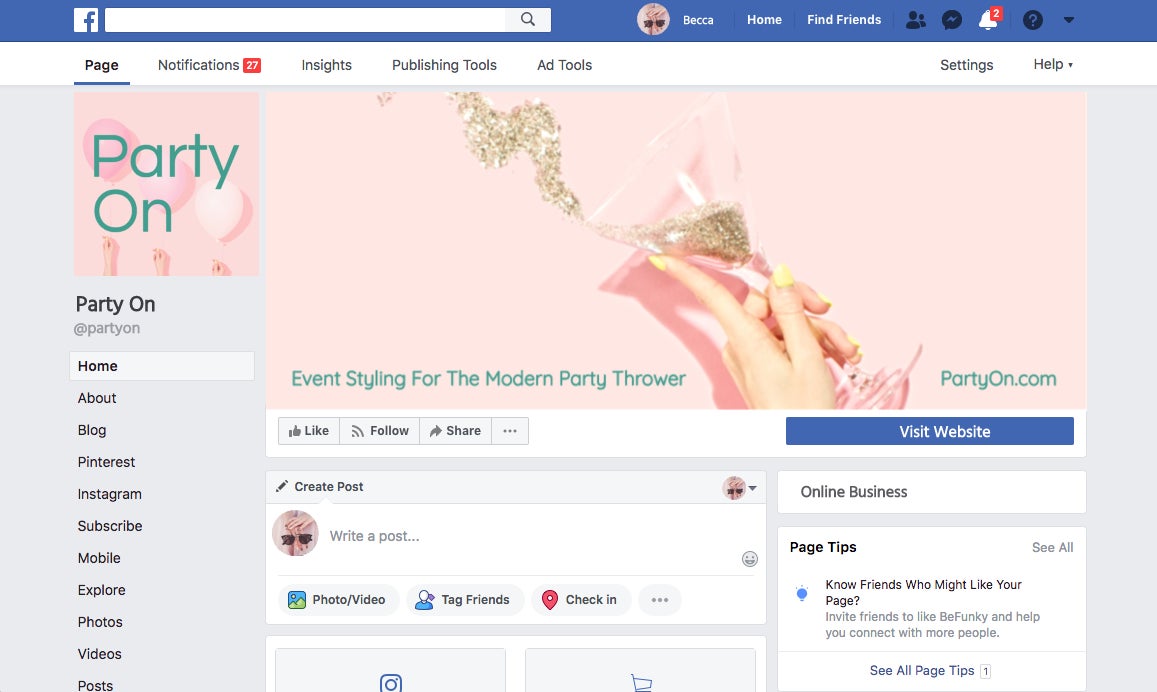  A screenshot of a Facebook business profile page with the business name 'Party On' and the tagline 'Event Styling for the Modern Party Thrower', showcasing the benefits of using Facebook for businesses, such as creating a business page, gaining insights, and advertising.